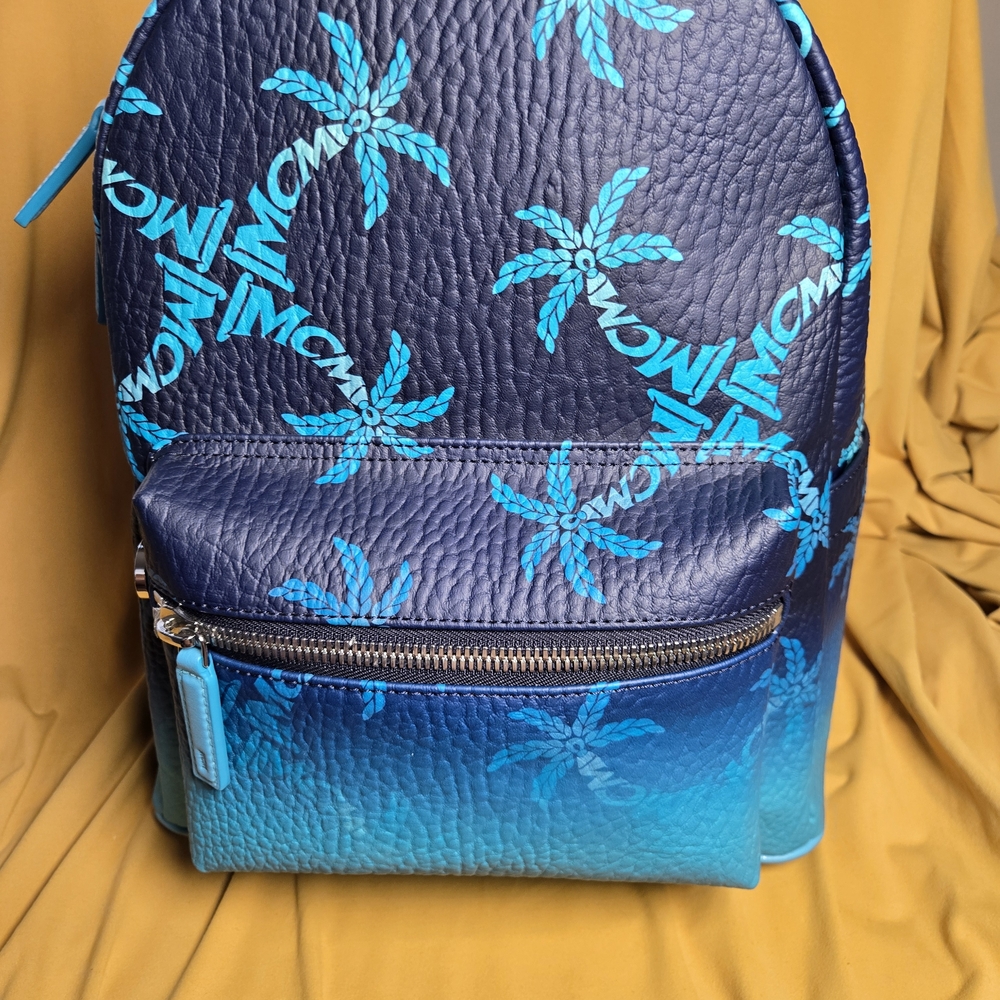 MCM Men’s Black & Teal Palm-Print Leather Backpack - Picture 5 of 5